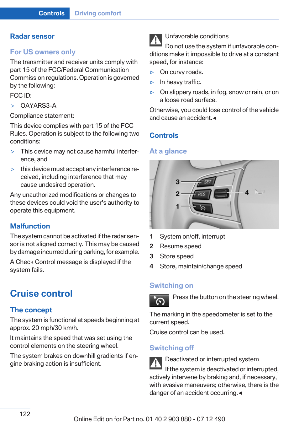 Cruise control, Store speed | BMW 2013 3 Series User Manual | Page 122 / 242