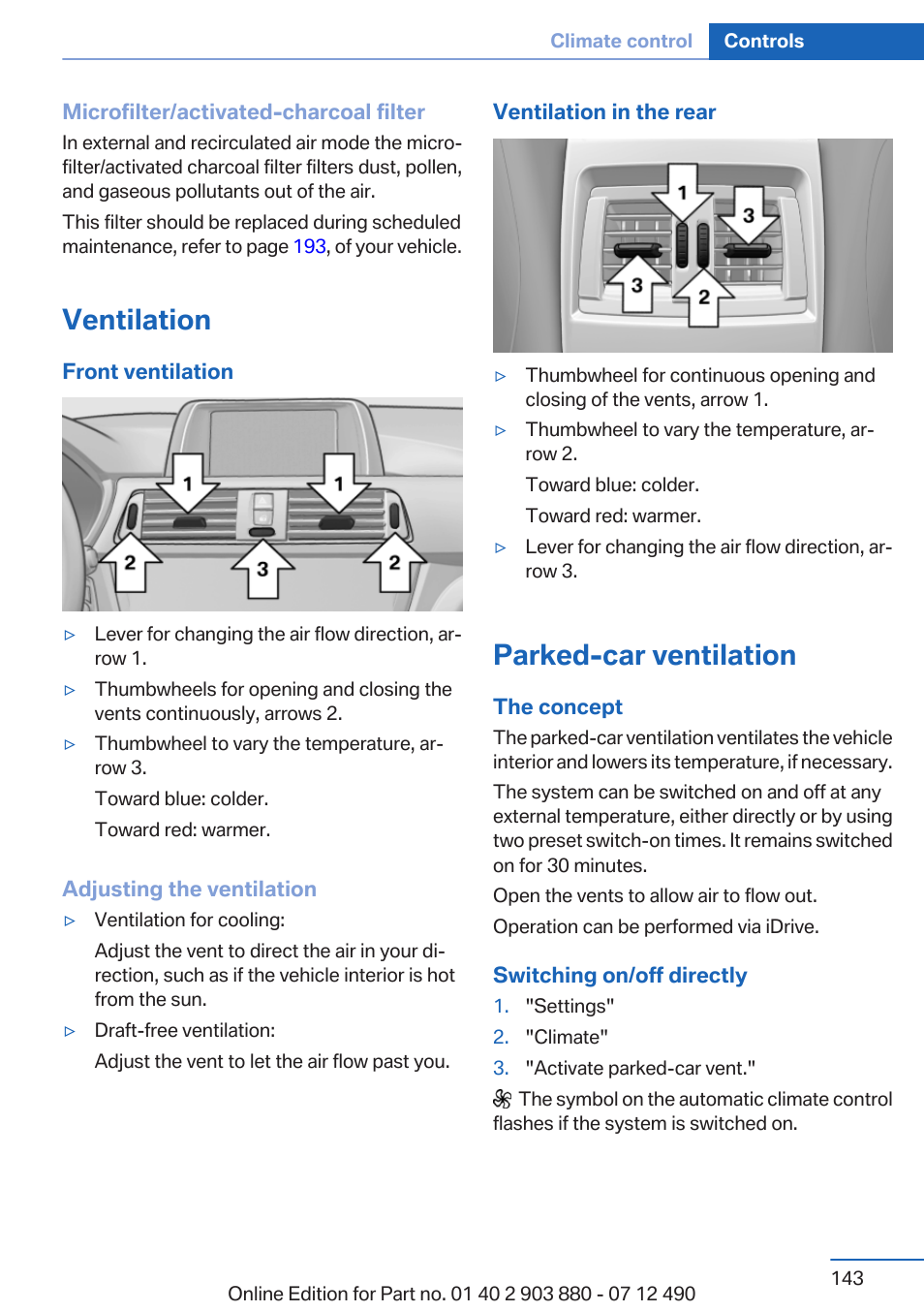Ventilation, Parked-car ventilation | BMW 2013 3 Series User Manual | Page 143 / 242