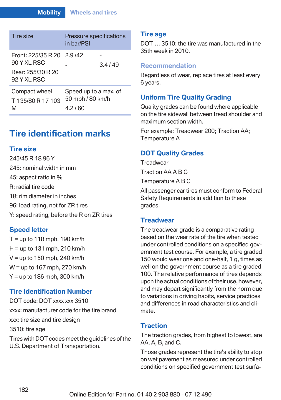 Tire identification marks | BMW 2013 3 Series User Manual | Page 182 / 242