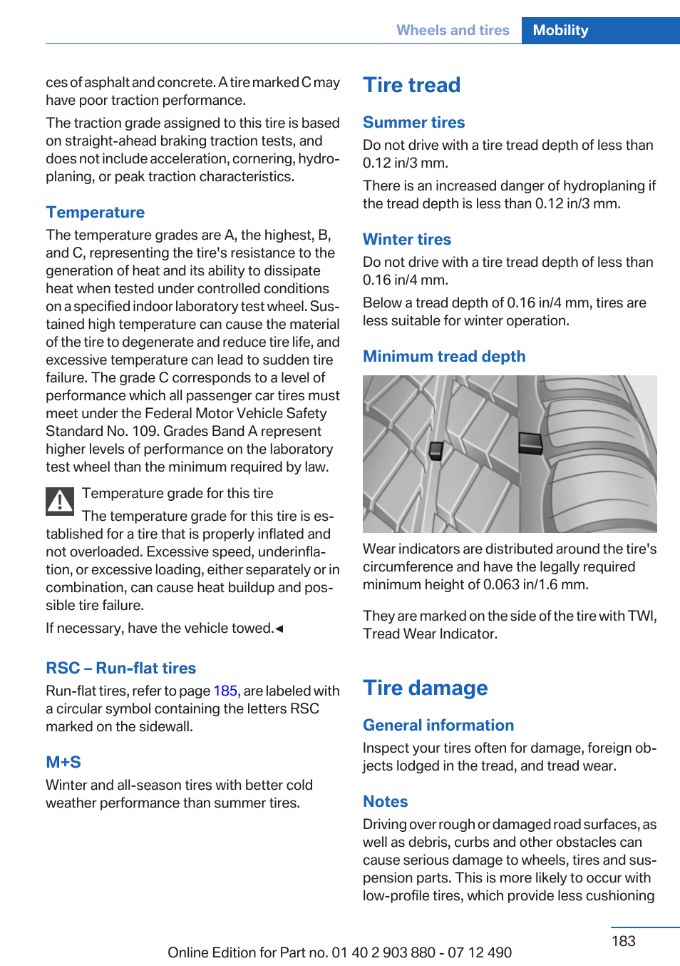 Tire tread, Tire damage | BMW 2013 3 Series User Manual | Page 183 / 242