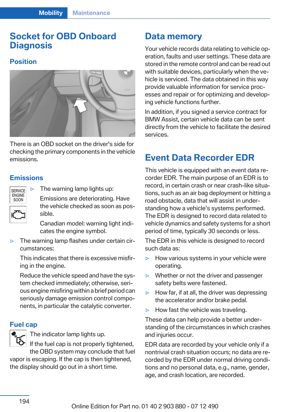 Socket for obd onboard diagnosis, Data memory, Event data recorder edr | BMW 2013 3 Series User Manual | Page 194 / 242