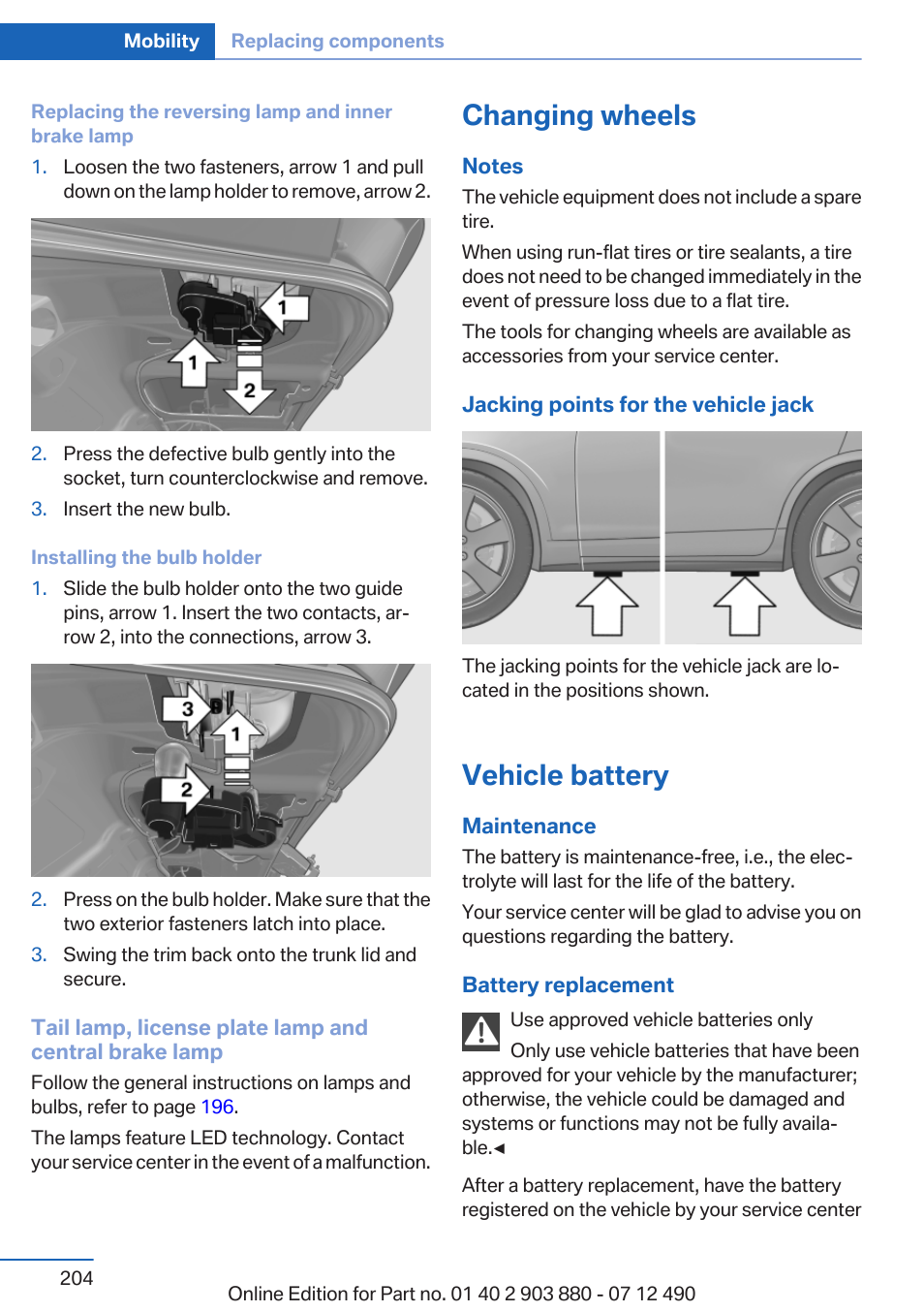 Changing wheels, Vehicle battery | BMW 2013 3 Series User Manual | Page 204 / 242