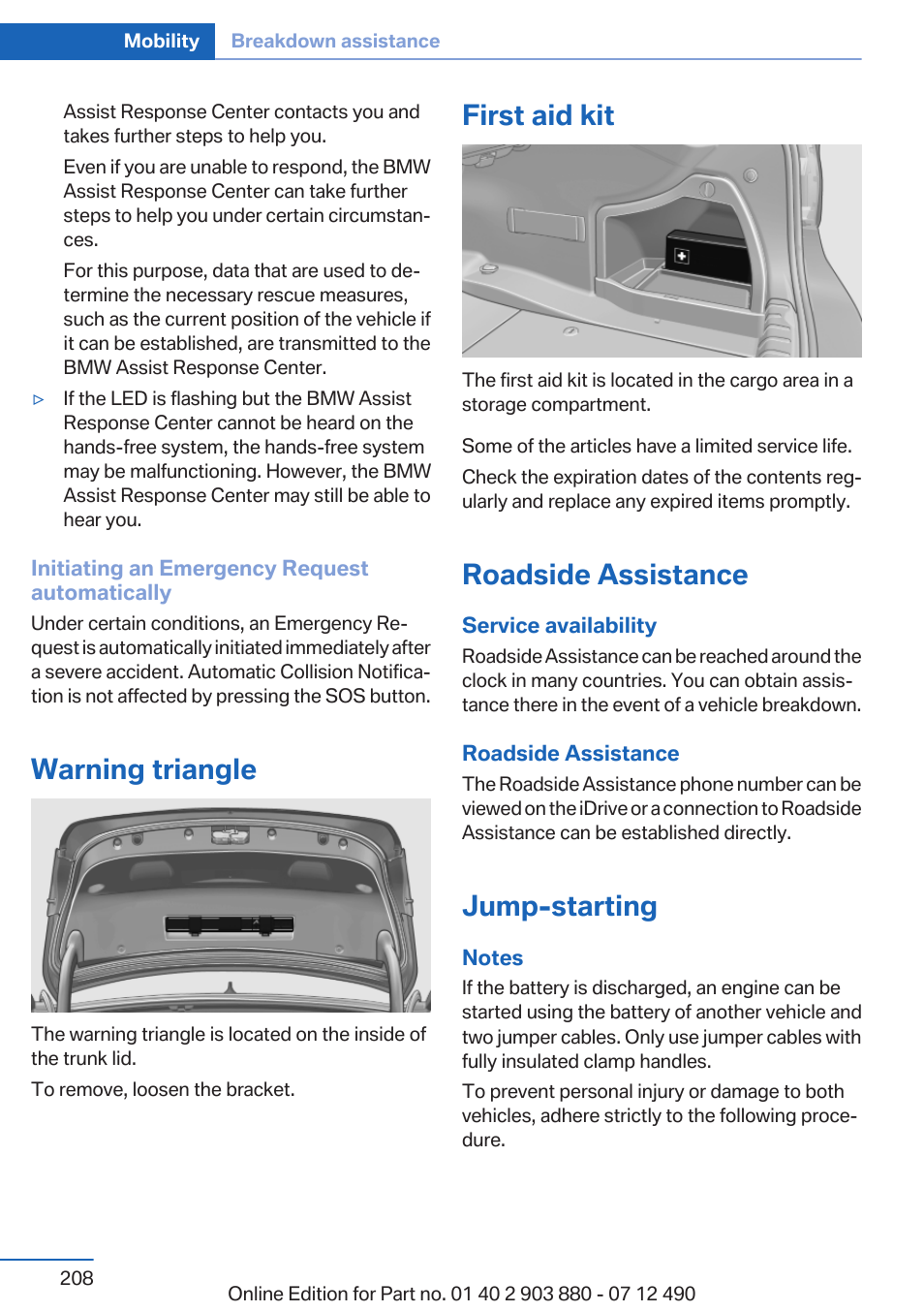 Warning triangle, First aid kit, Roadside assistance | Jump-starting | BMW 2013 3 Series User Manual | Page 208 / 242