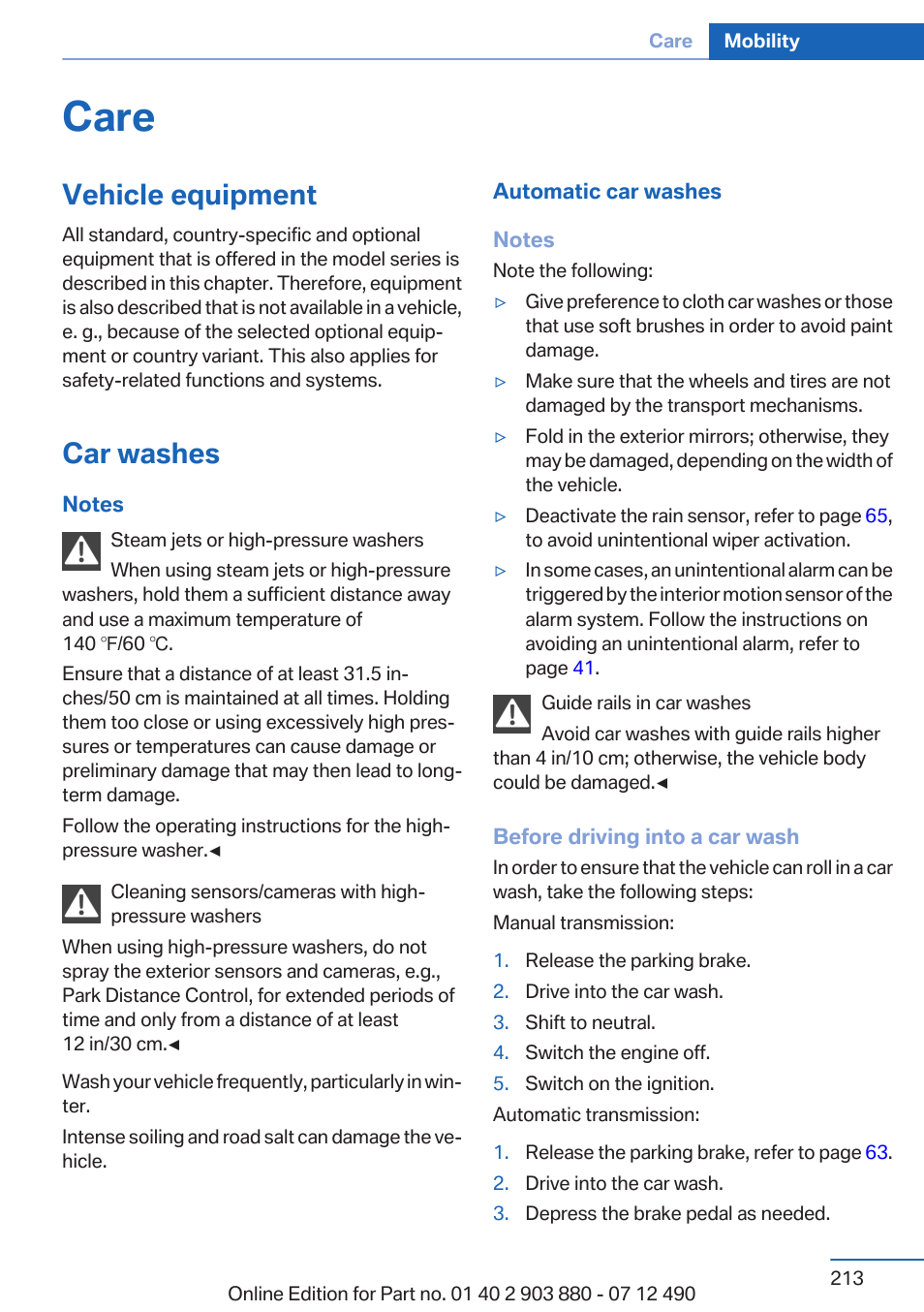 Care, Vehicle equipment, Car washes | BMW 2013 3 Series User Manual | Page 213 / 242