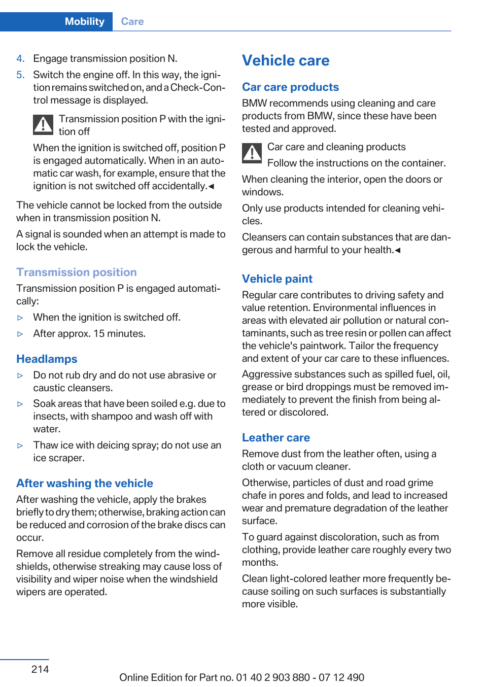 Vehicle care | BMW 2013 3 Series User Manual | Page 214 / 242