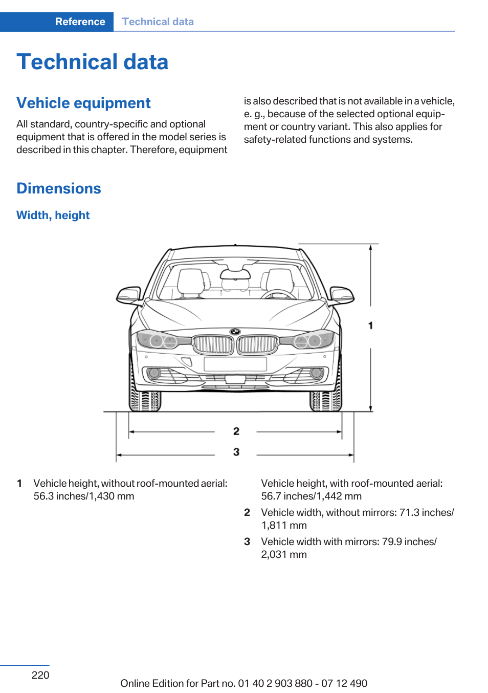 Technical data, Vehicle equipment, Dimensions | BMW 2013 3 Series User Manual | Page 220 / 242