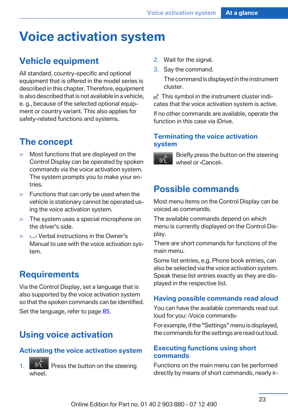 Voice activation system, Vehicle equipment, The concept | Requirements, Using voice activation, Possible commands | BMW 2013 3 Series User Manual | Page 23 / 242