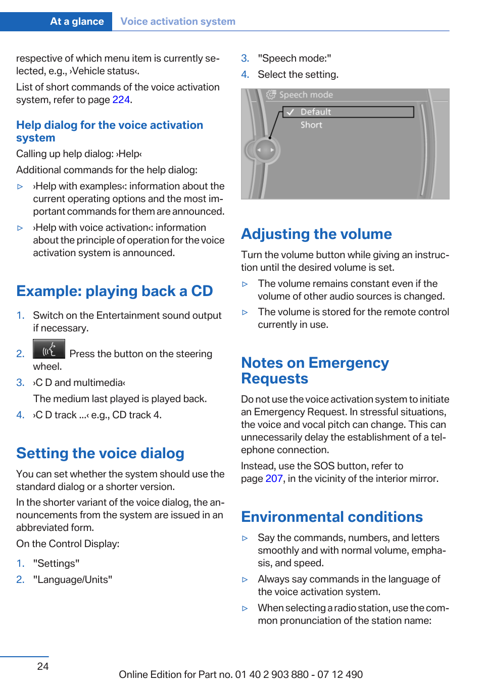 Example: playing back a cd, Setting the voice dialog, Adjusting the volume | Notes on emergency requests, Environmental conditions | BMW 2013 3 Series User Manual | Page 24 / 242