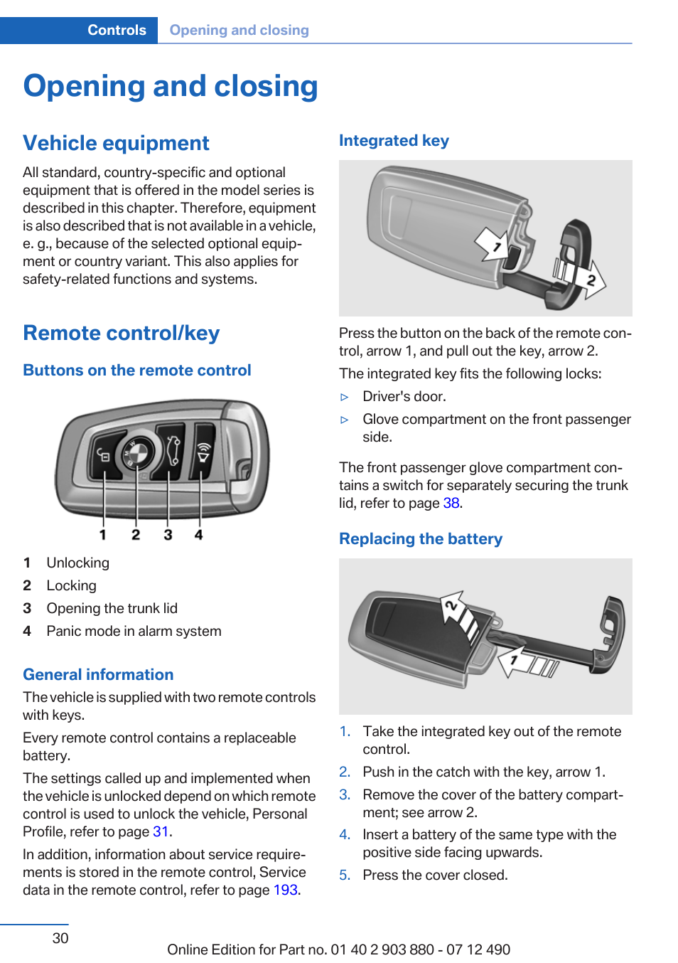 Opening and closing, Vehicle equipment, Remote control/key | BMW 2013 3 Series User Manual | Page 30 / 242