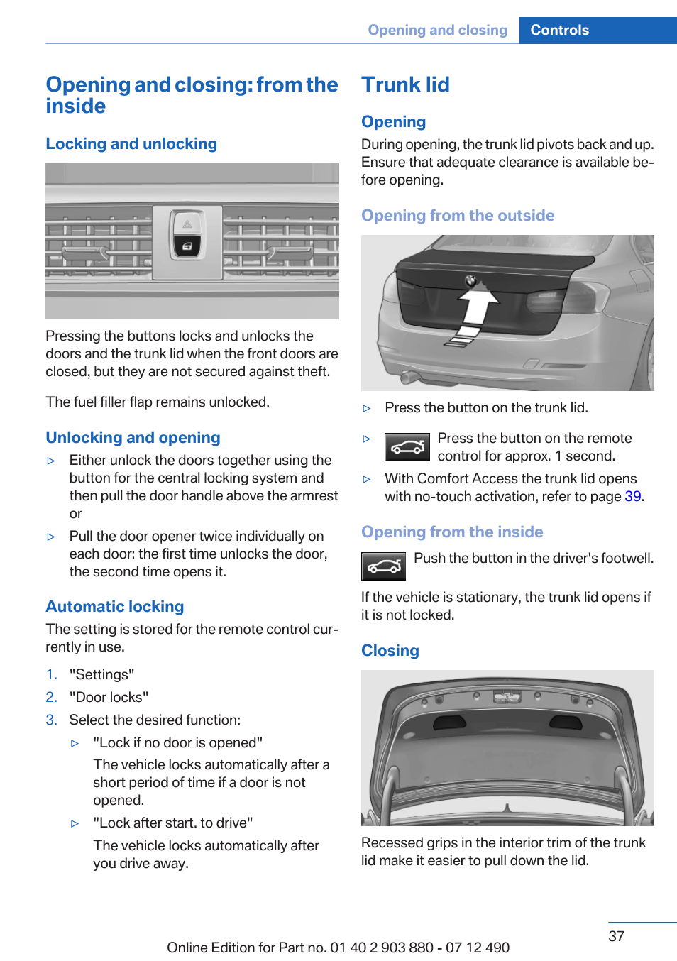 Opening and closing: from the inside, Trunk lid | BMW 2013 3 Series User Manual | Page 37 / 242