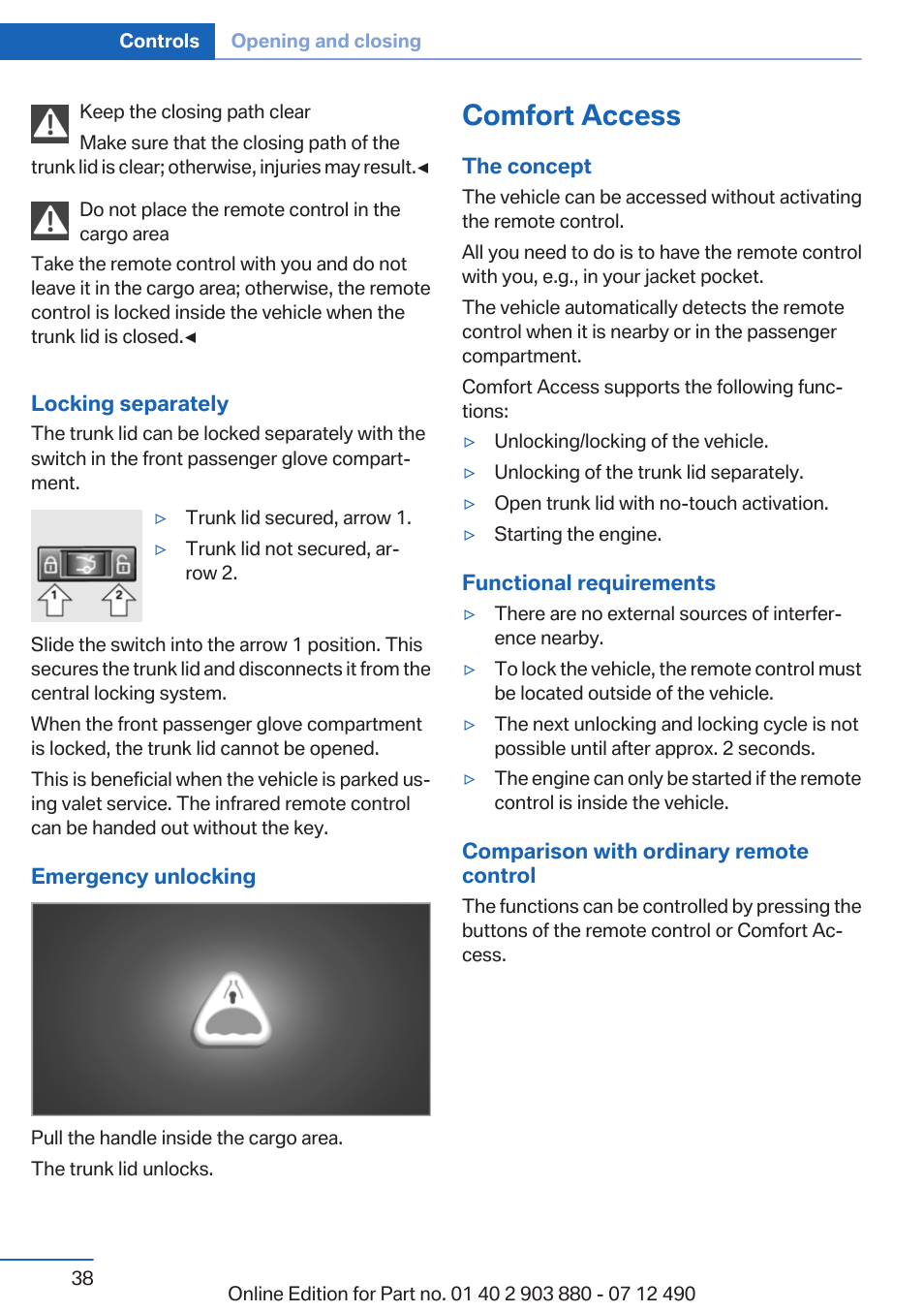 Comfort access | BMW 2013 3 Series User Manual | Page 38 / 242