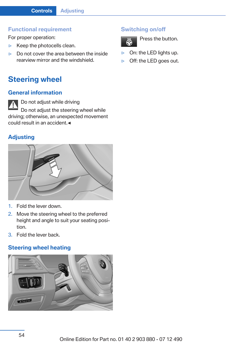 Steering wheel, Steering wheel heating | BMW 2013 3 Series User Manual | Page 54 / 242