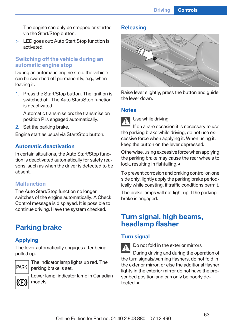 Parking brake, Turn signal, high beams, headlamp flasher, Lamp flasher | BMW 2013 3 Series User Manual | Page 63 / 242