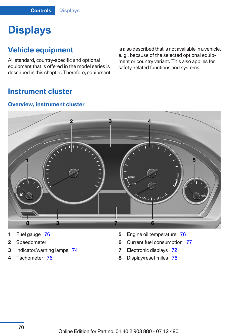 Displays, Vehicle equipment, Instrument cluster | BMW 2013 3 Series User Manual | Page 70 / 242