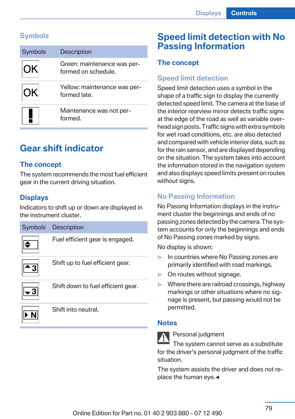 Gear shift indicator, Speed limit detection with no passing information | BMW 2013 3 Series User Manual | Page 79 / 242