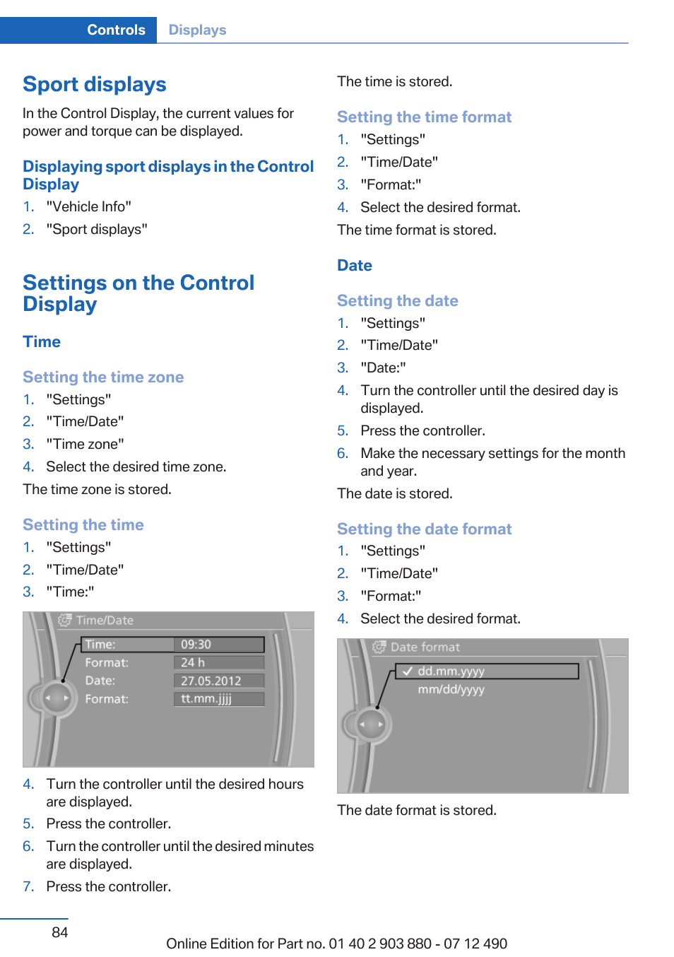 Sport displays, Settings on the control display | BMW 2013 3 Series User Manual | Page 84 / 242