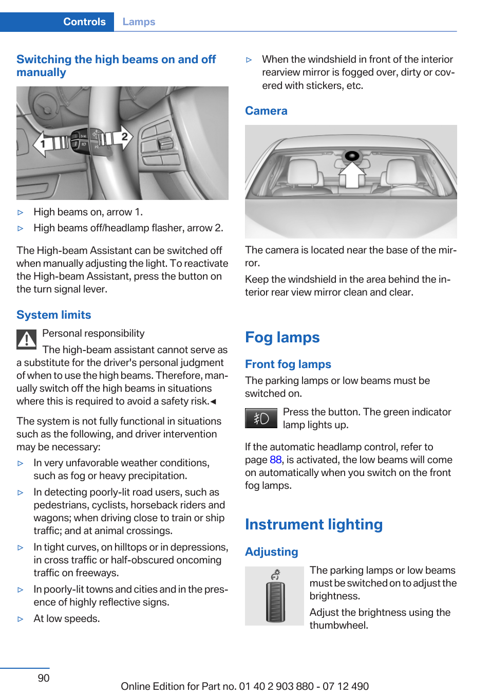 Fog lamps, Instrument lighting, Front fog lamps | BMW 2013 3 Series User Manual | Page 90 / 242