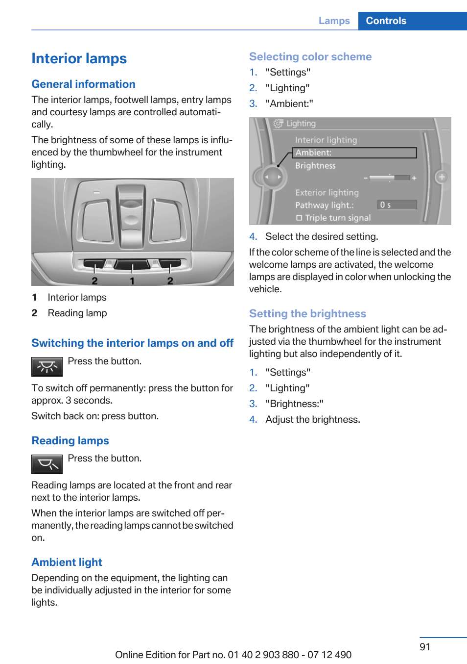 Interior lamps | BMW 2013 3 Series User Manual | Page 91 / 242