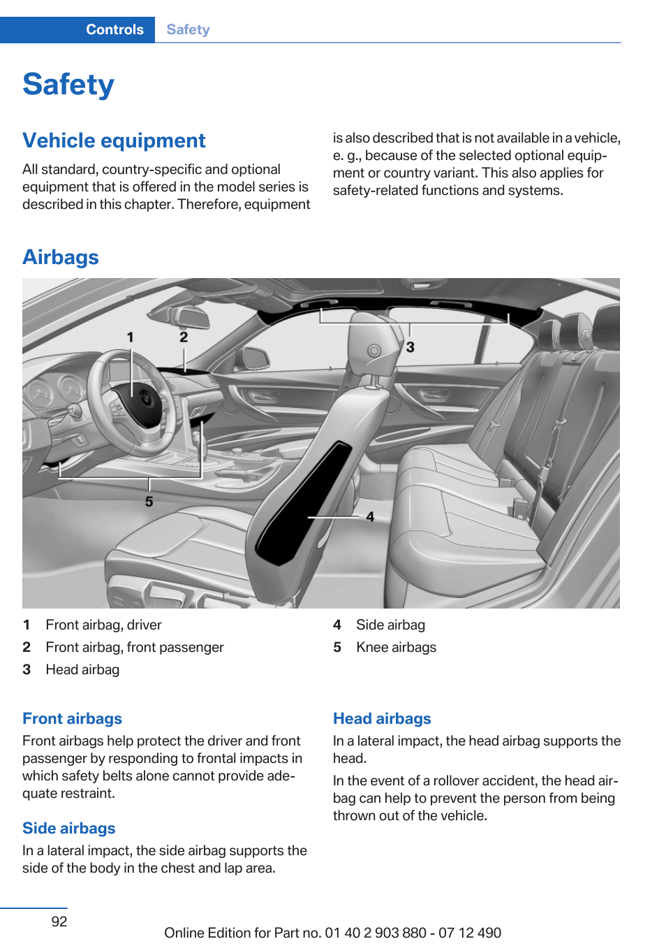 Safety, Vehicle equipment, Airbags | BMW 2013 3 Series User Manual | Page 92 / 242