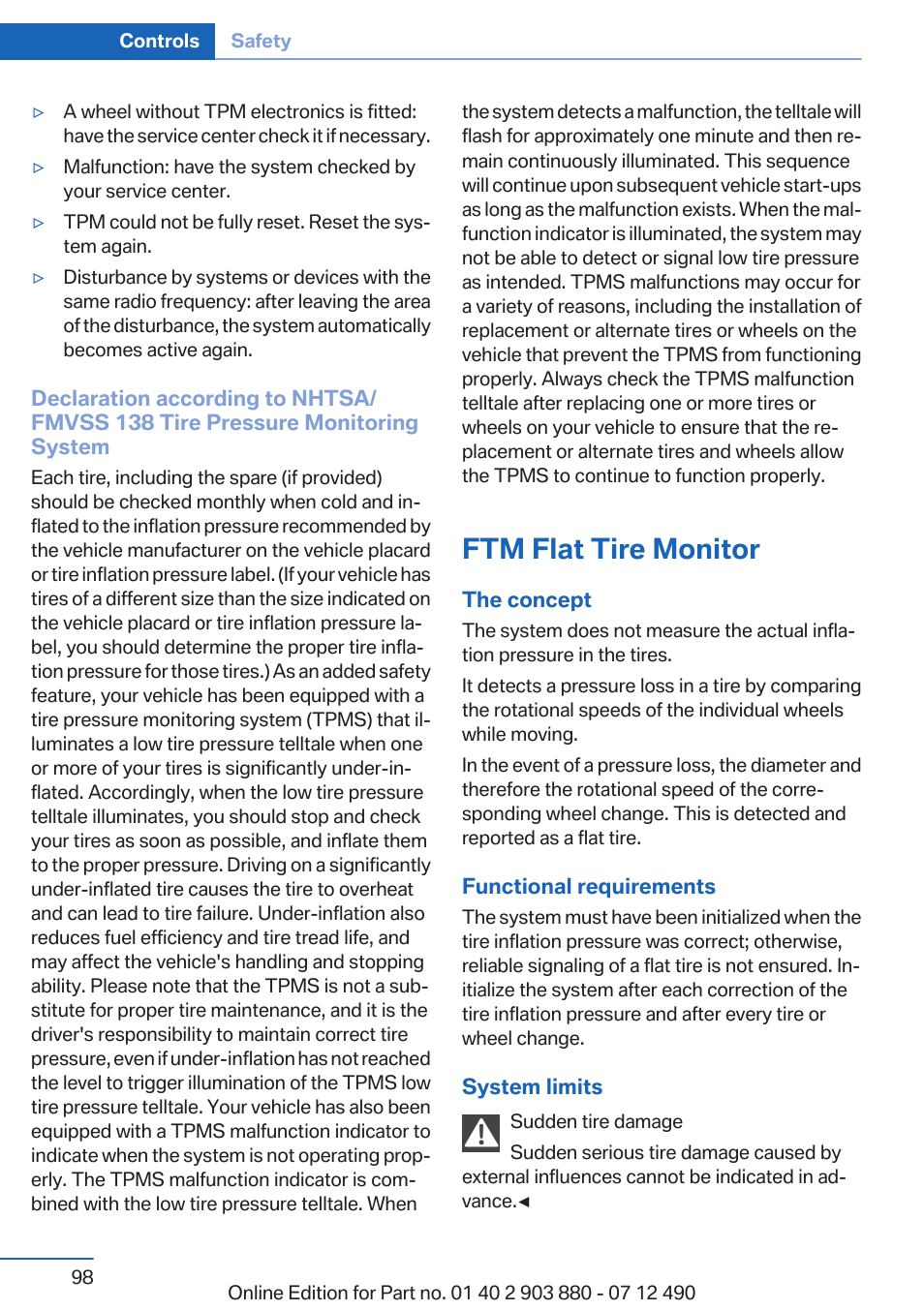 Ftm flat tire monitor | BMW 2013 3 Series User Manual | Page 98 / 242