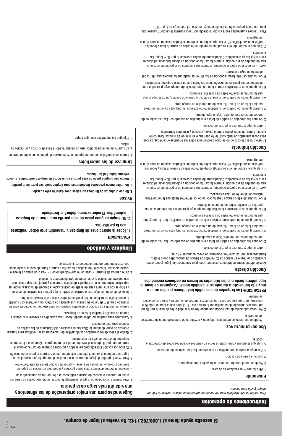 Limpieza y cuidado, Instrucciones de operación, Precaución | Avisos, Limpieza de las superficies, Encendido, Uso por primera vez, Cocción directa, Cocción indirecta | Blue Rhino CBT672B User Manual | Page 10 / 16