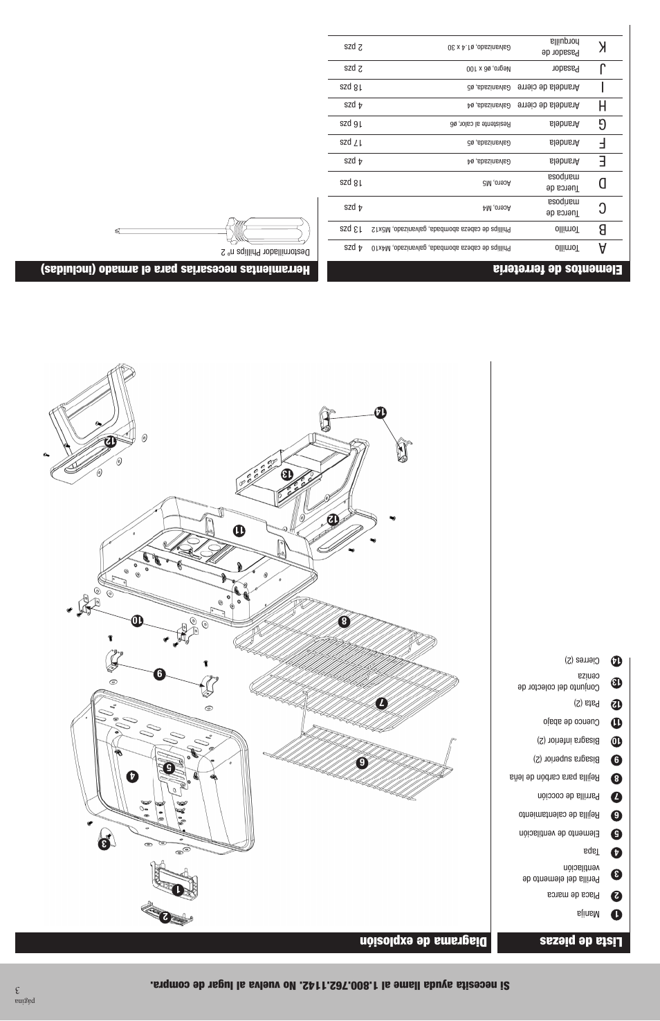 Lista de piezas, Diagrama de explosión elementos de ferretería, Herramientas necesarias para el armado (incluidas) | Blue Rhino CBT672B User Manual | Page 14 / 16