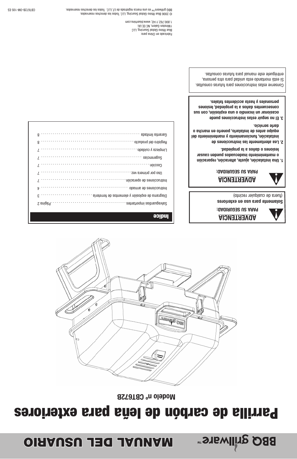 Parrilla de carbón de leña para exteriores, Manual del usuario, Modelo nº cbt672b | Advertencia, Indice | Blue Rhino CBT672B User Manual | Page 16 / 16