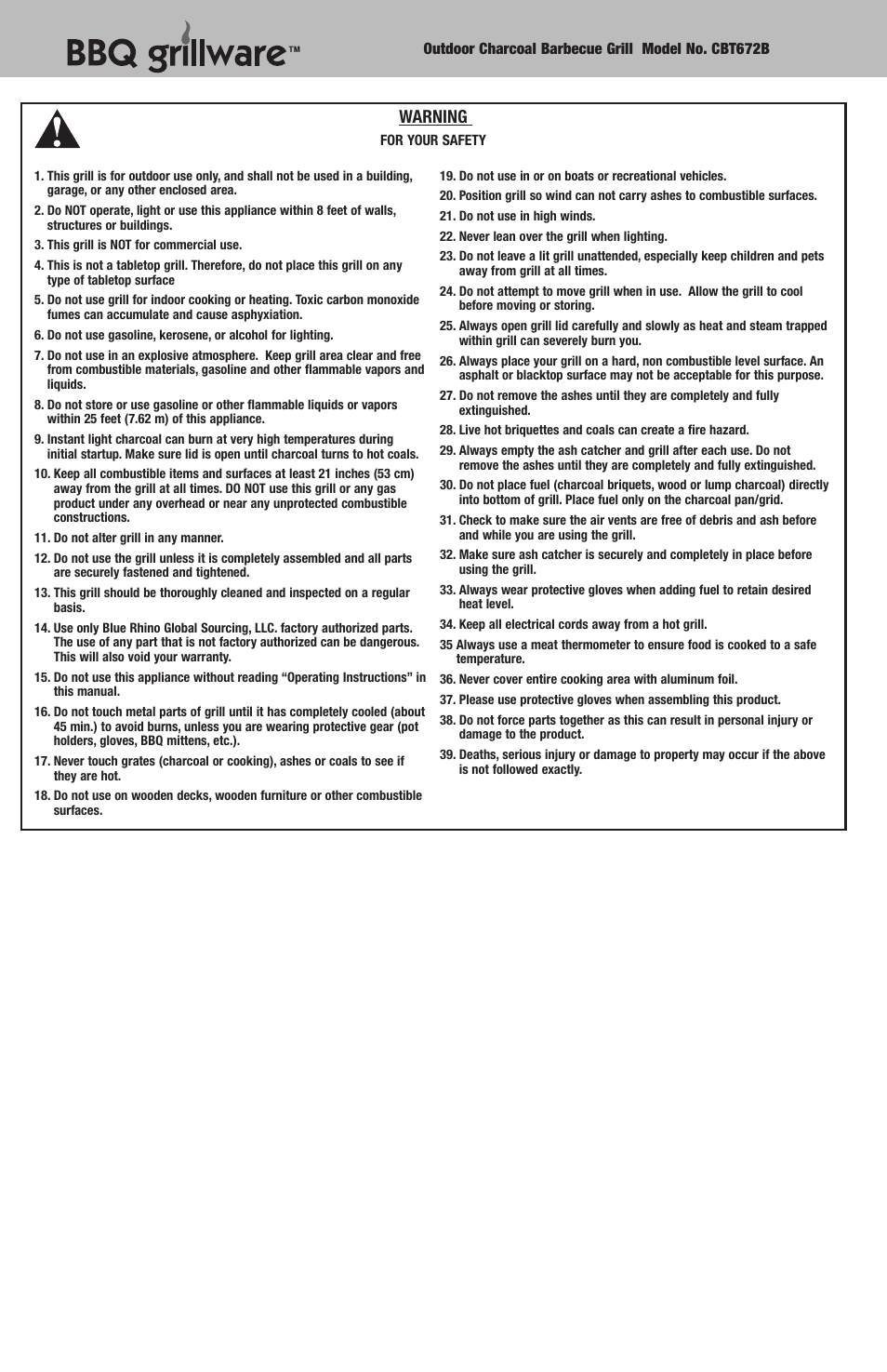 Warning | Blue Rhino CBT672B User Manual | Page 2 / 16