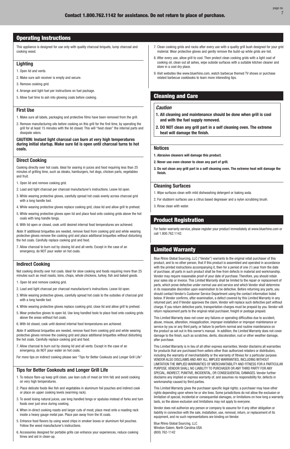 Cleaning and care, Product registration, Limited warranty | Operating instructions | Blue Rhino CBT672B User Manual | Page 7 / 16