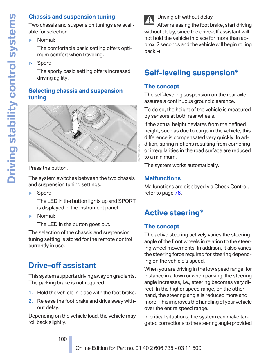 Drive-off assistant, Self-leveling suspension, Active steering | Driving stability control systems | BMW 2012 X6M User Manual | Page 100 / 317