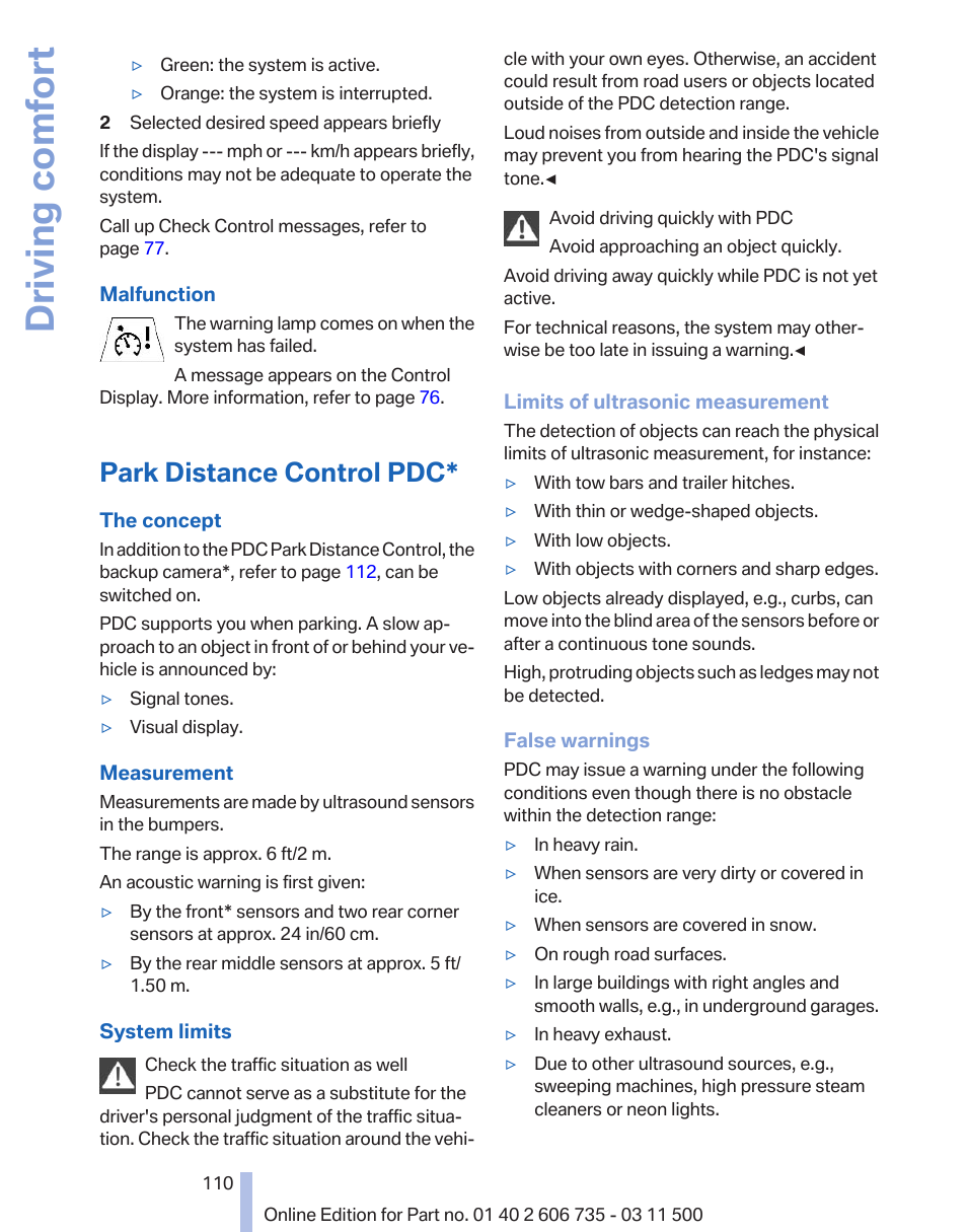 Park distance control pdc, Driving comfort | BMW 2012 X6M User Manual | Page 110 / 317