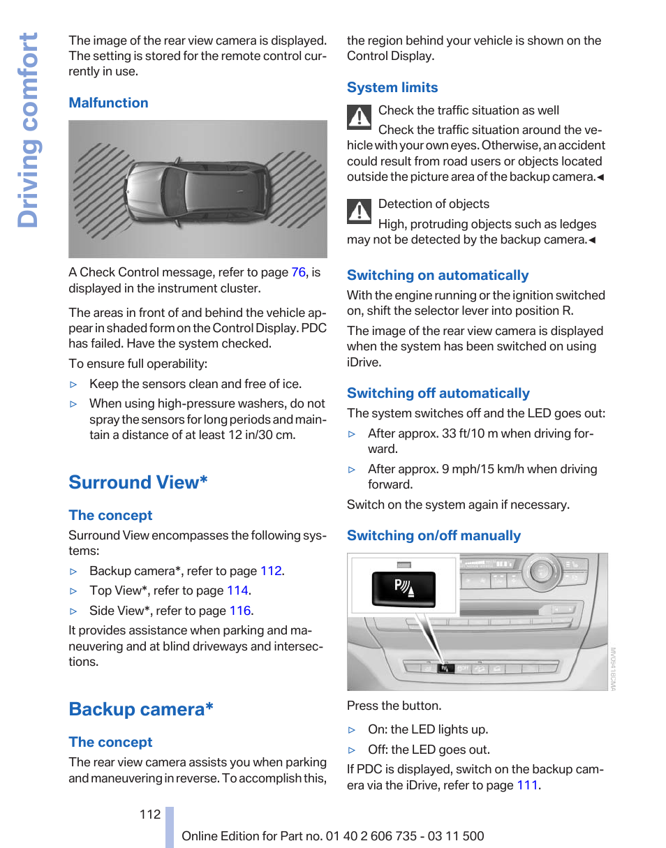 Surround view, Backup camera, Driving comfort | BMW 2012 X6M User Manual | Page 112 / 317