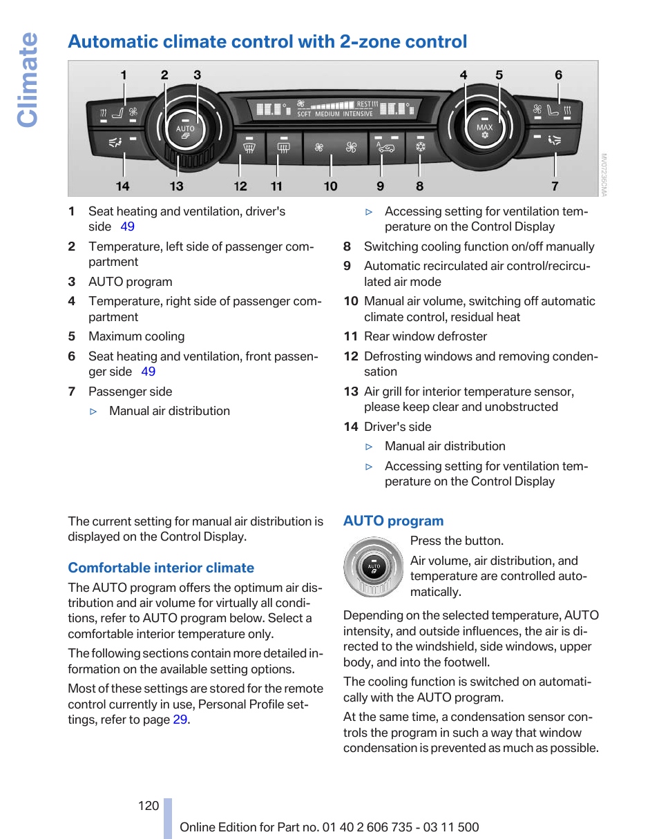 Automatic climate control with 2-zone control, Trol, Climate | BMW 2012 X6M User Manual | Page 120 / 317