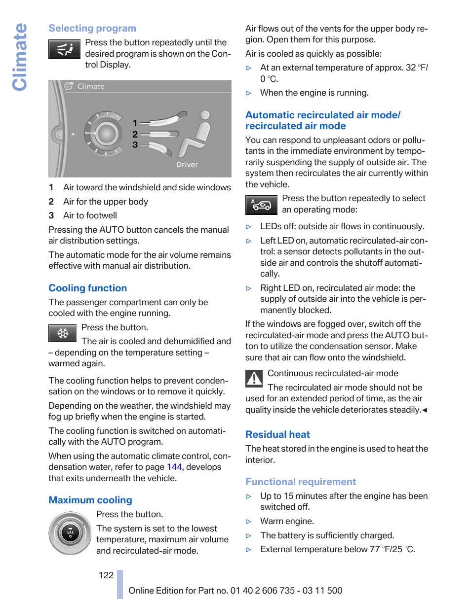 Climate | BMW 2012 X6M User Manual | Page 122 / 317