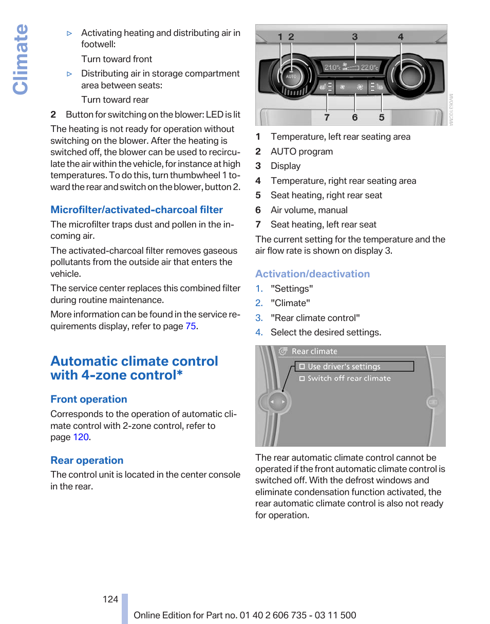 Automatic climate control with 4-zone control, Climate | BMW 2012 X6M User Manual | Page 124 / 317