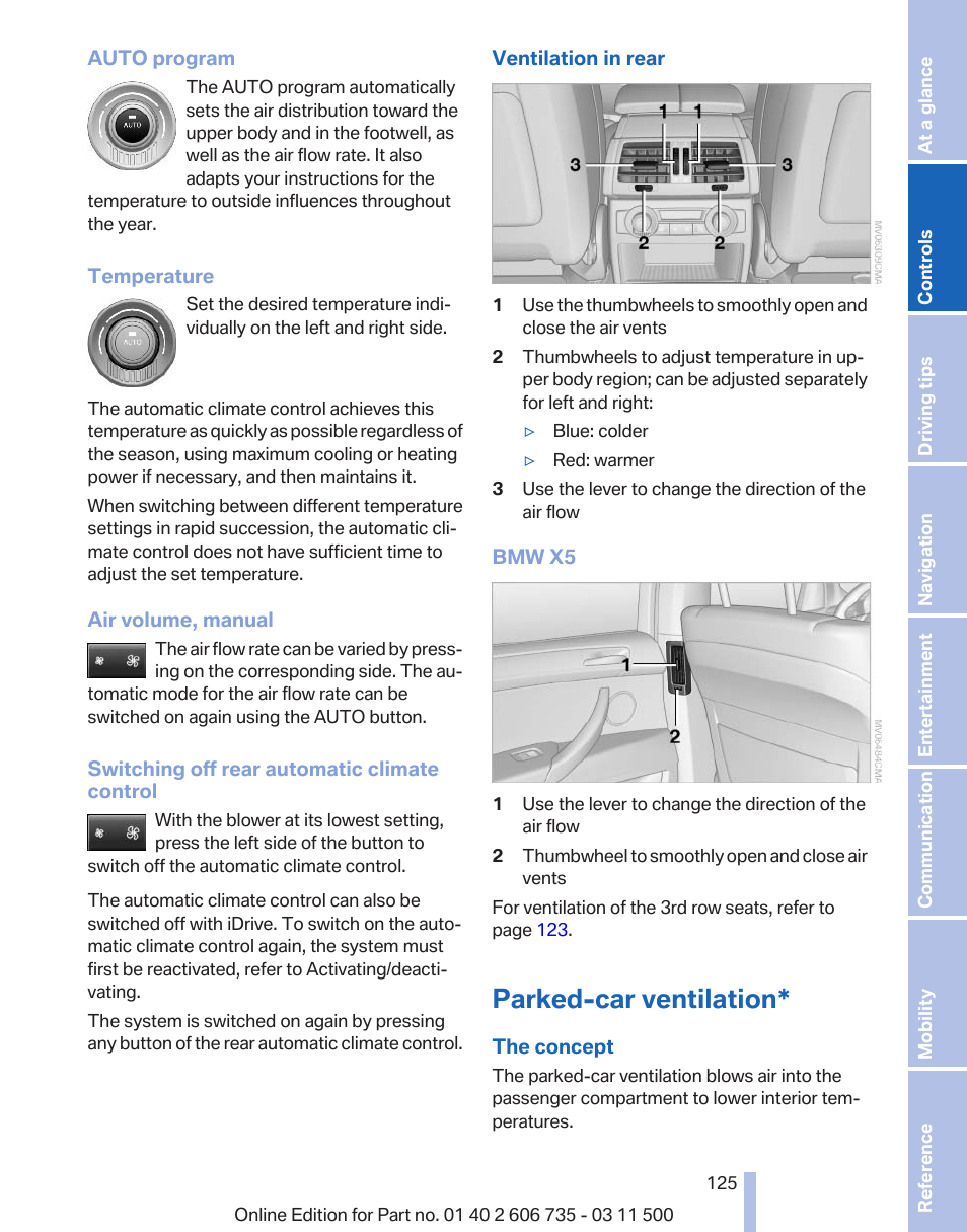 Parked-car ventilation | BMW 2012 X6M User Manual | Page 125 / 317