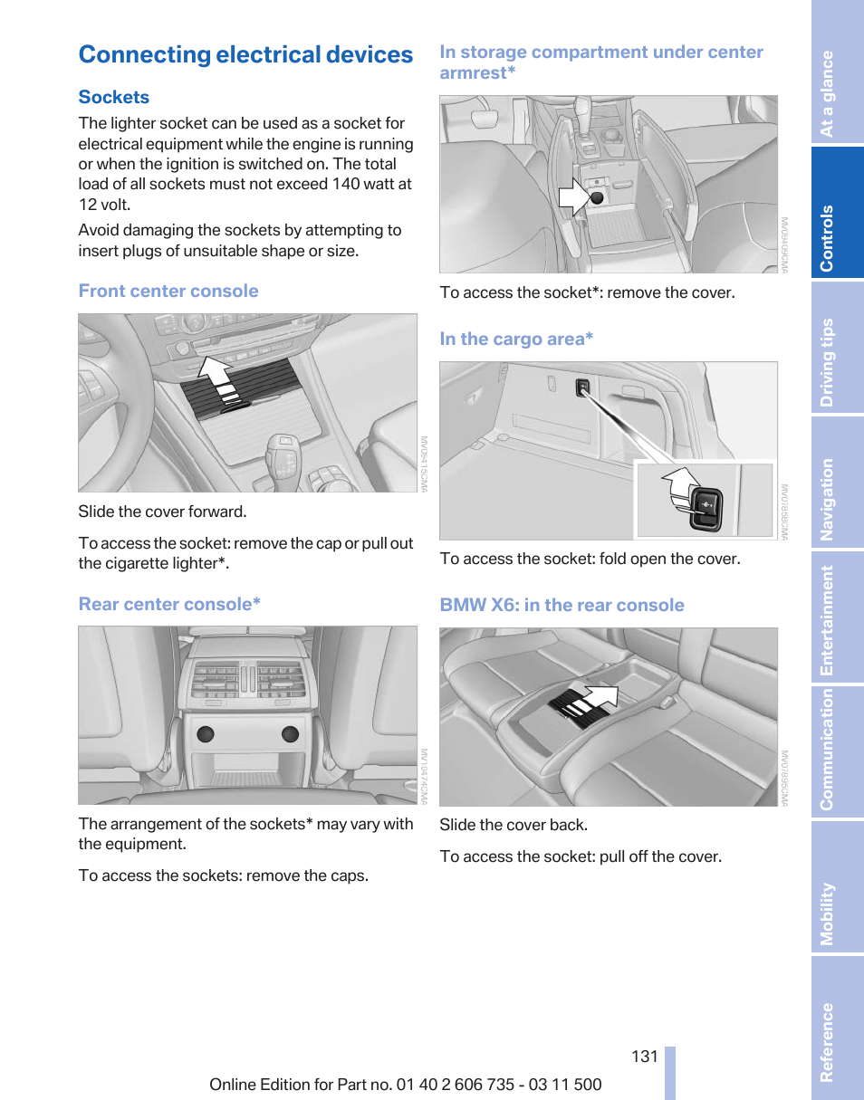 Connecting electrical devices | BMW 2012 X6M User Manual | Page 131 / 317