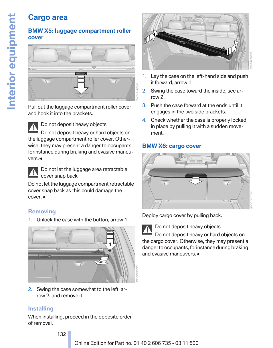 Cargo area, And, if necessary, slide the 2nd row, Interior equipment | BMW 2012 X6M User Manual | Page 132 / 317