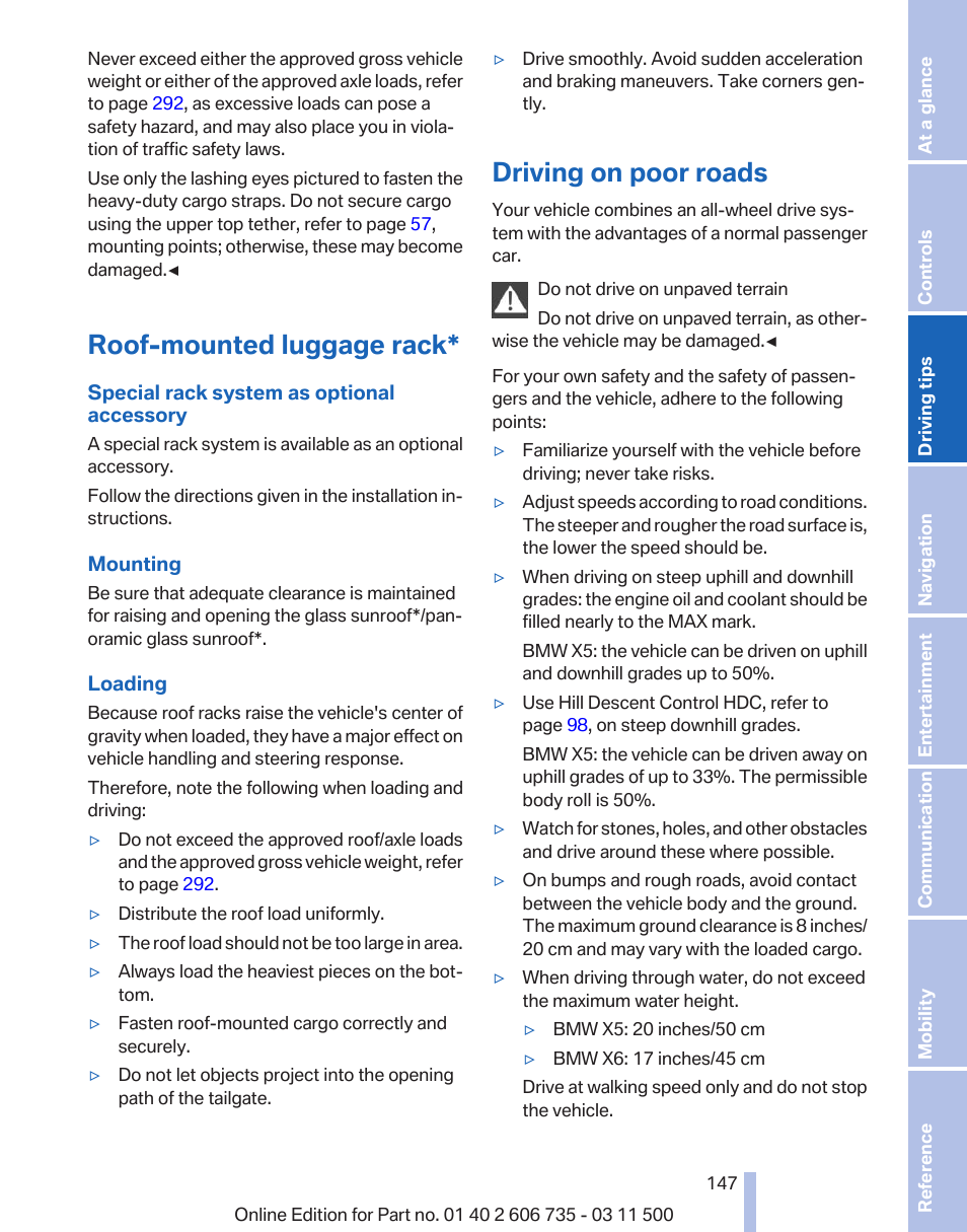 Roof-mounted luggage rack, Driving on poor roads | BMW 2012 X6M User Manual | Page 147 / 317