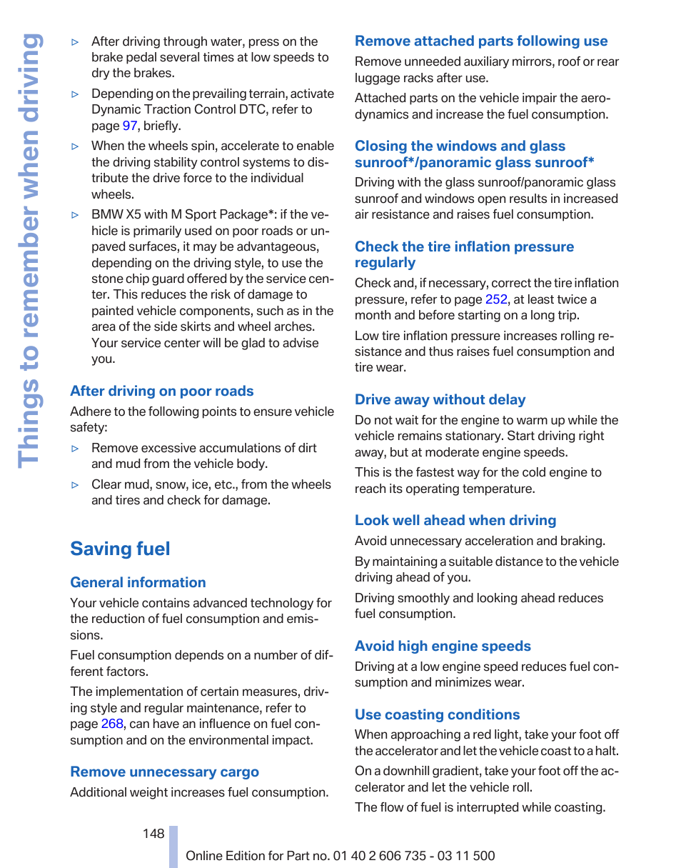 Saving fuel, Things to remember when driving | BMW 2012 X6M User Manual | Page 148 / 317