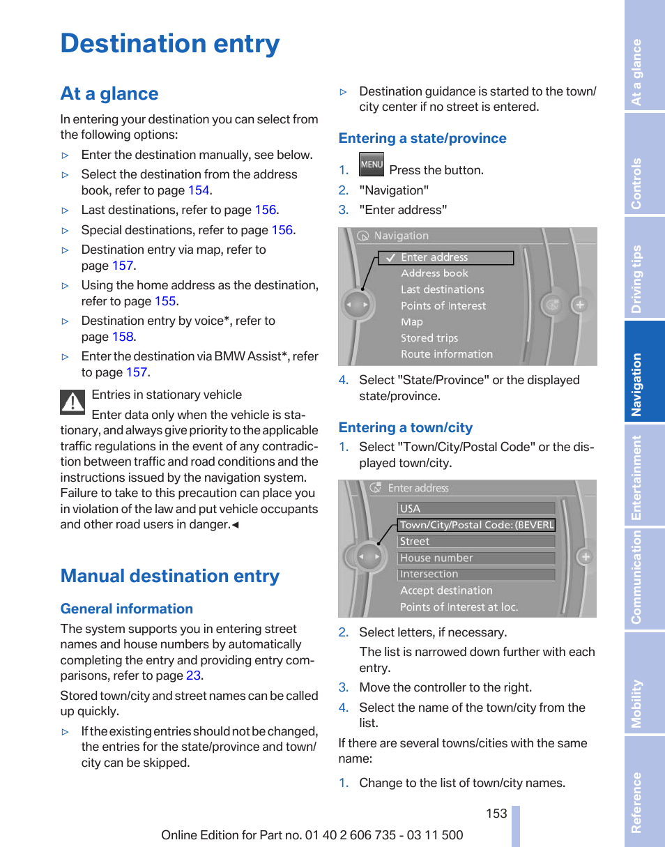 Destination entry, At a glance, Manual destination entry | BMW 2012 X6M User Manual | Page 153 / 317