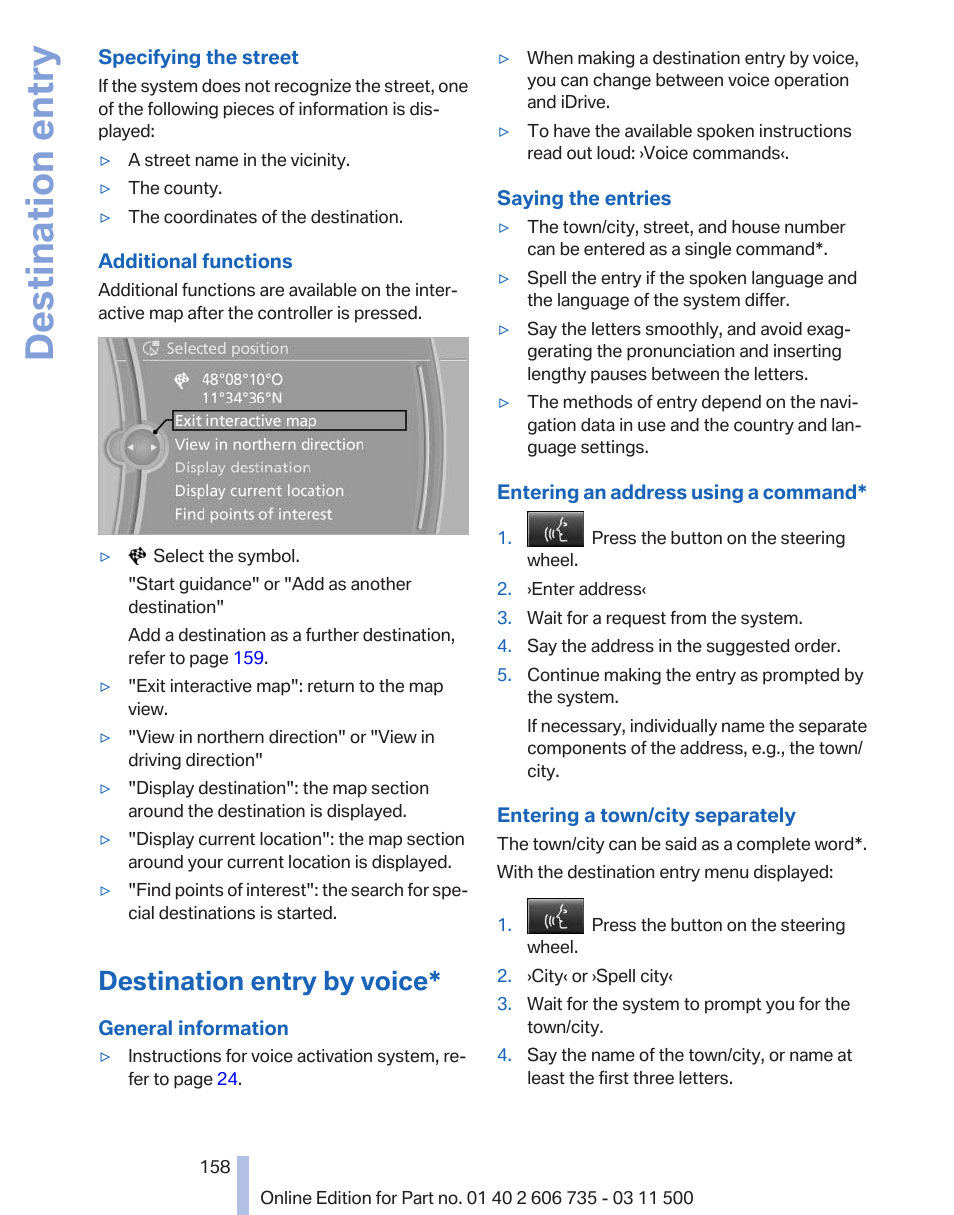 Destination entry by voice, Destination entry | BMW 2012 X6M User Manual | Page 158 / 317