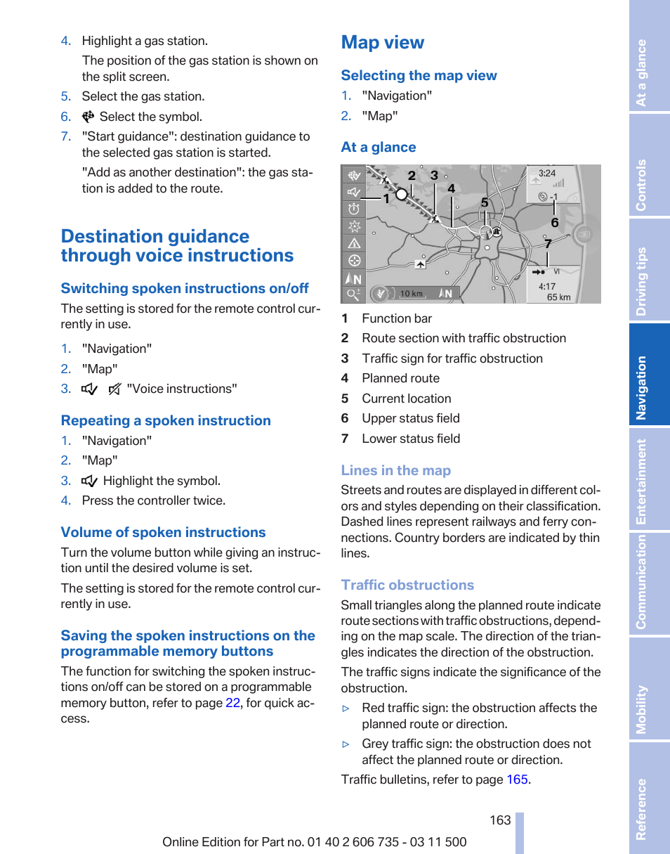 Destination guidance through voice instructions, Map view | BMW 2012 X6M User Manual | Page 163 / 317