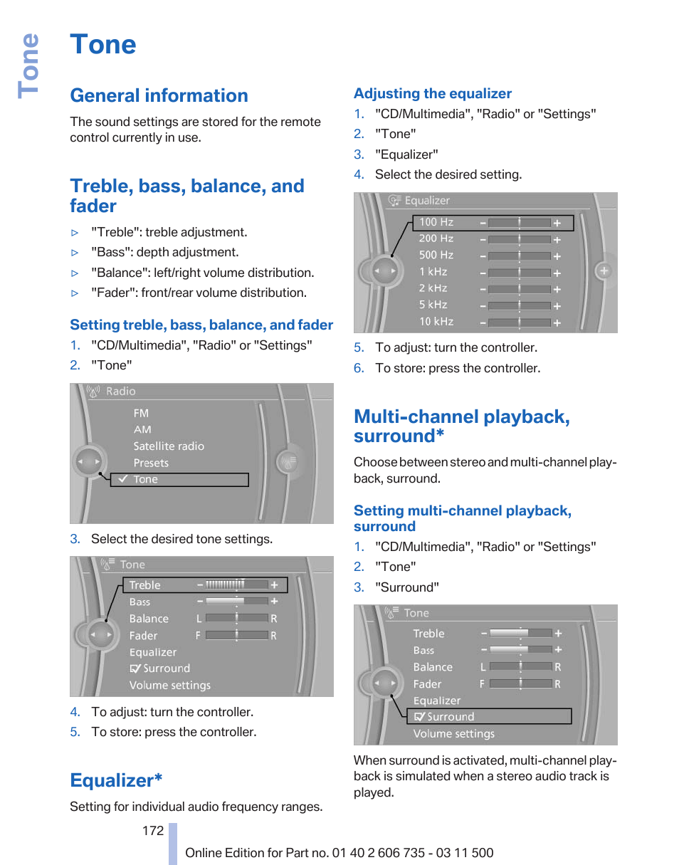 Tone, General information, Treble, bass, balance, and fader | Equalizer, Multi-channel playback, surround | BMW 2012 X6M User Manual | Page 172 / 317