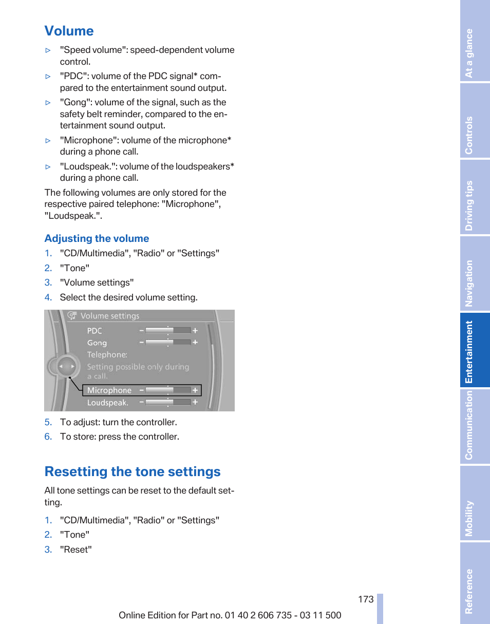 Volume, Resetting the tone settings | BMW 2012 X6M User Manual | Page 173 / 317