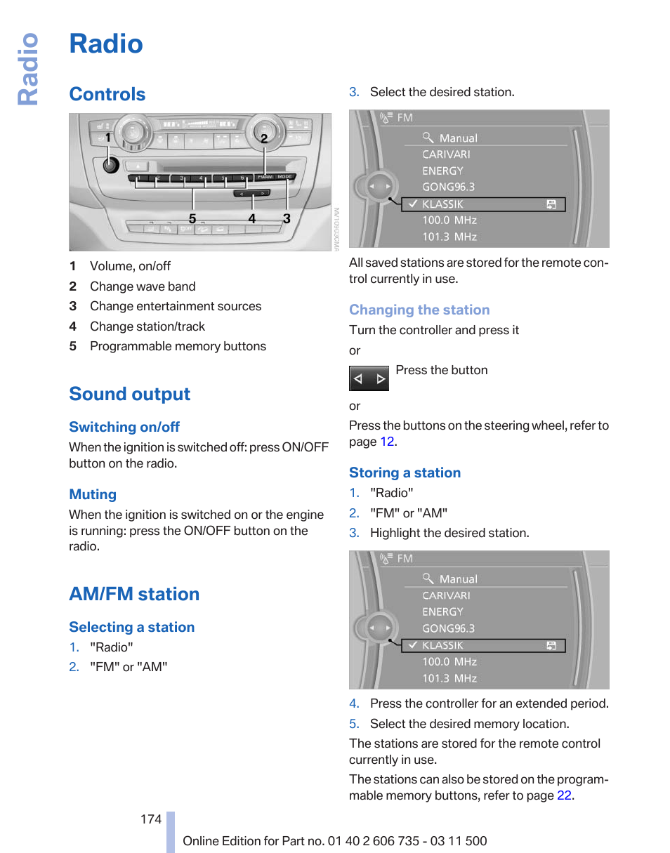 Radio, Controls, Sound output | Am/fm station | BMW 2012 X6M User Manual | Page 174 / 317