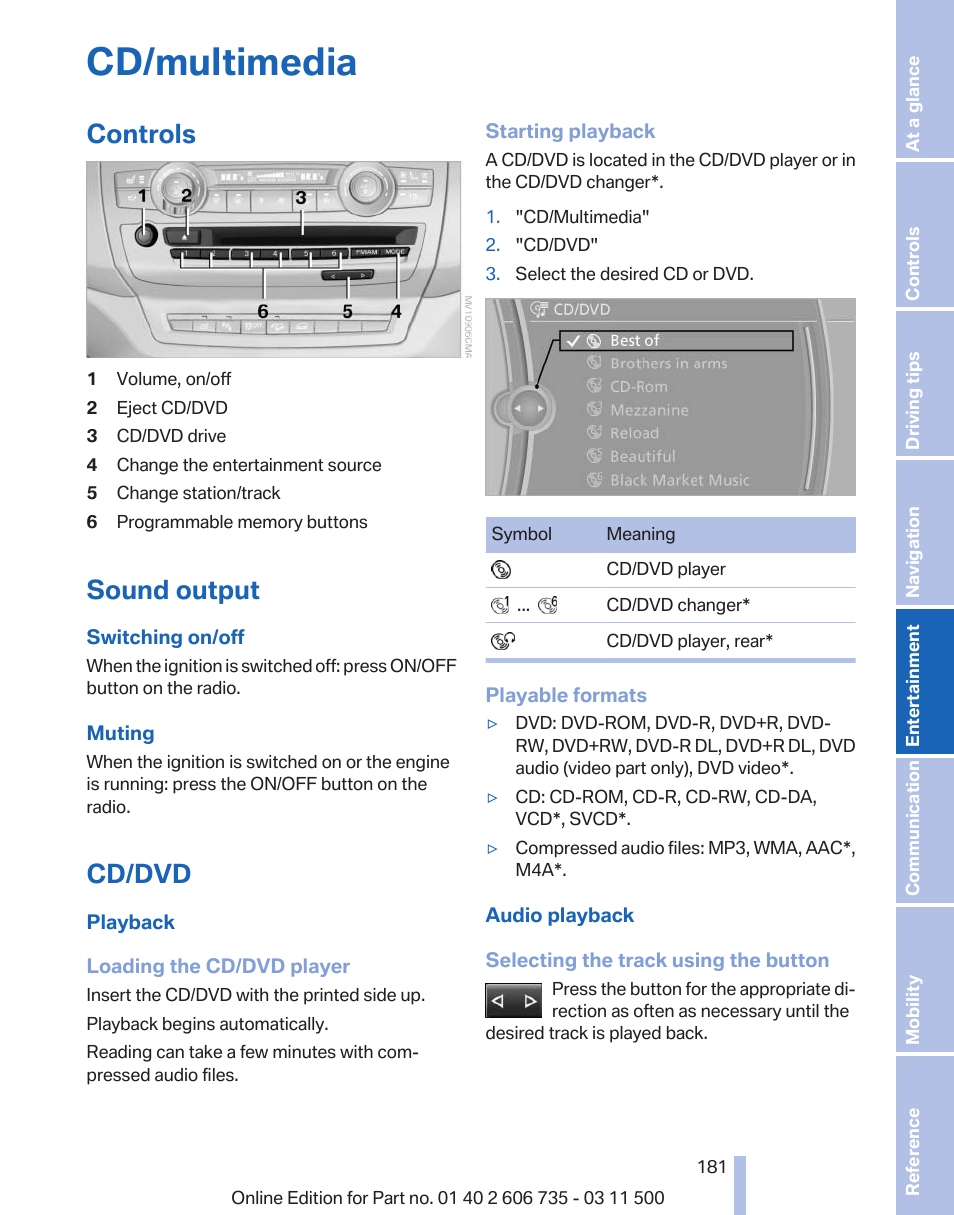 Cd/multimedia, Controls, Sound output | Cd/dvd | BMW 2012 X6M User Manual | Page 181 / 317