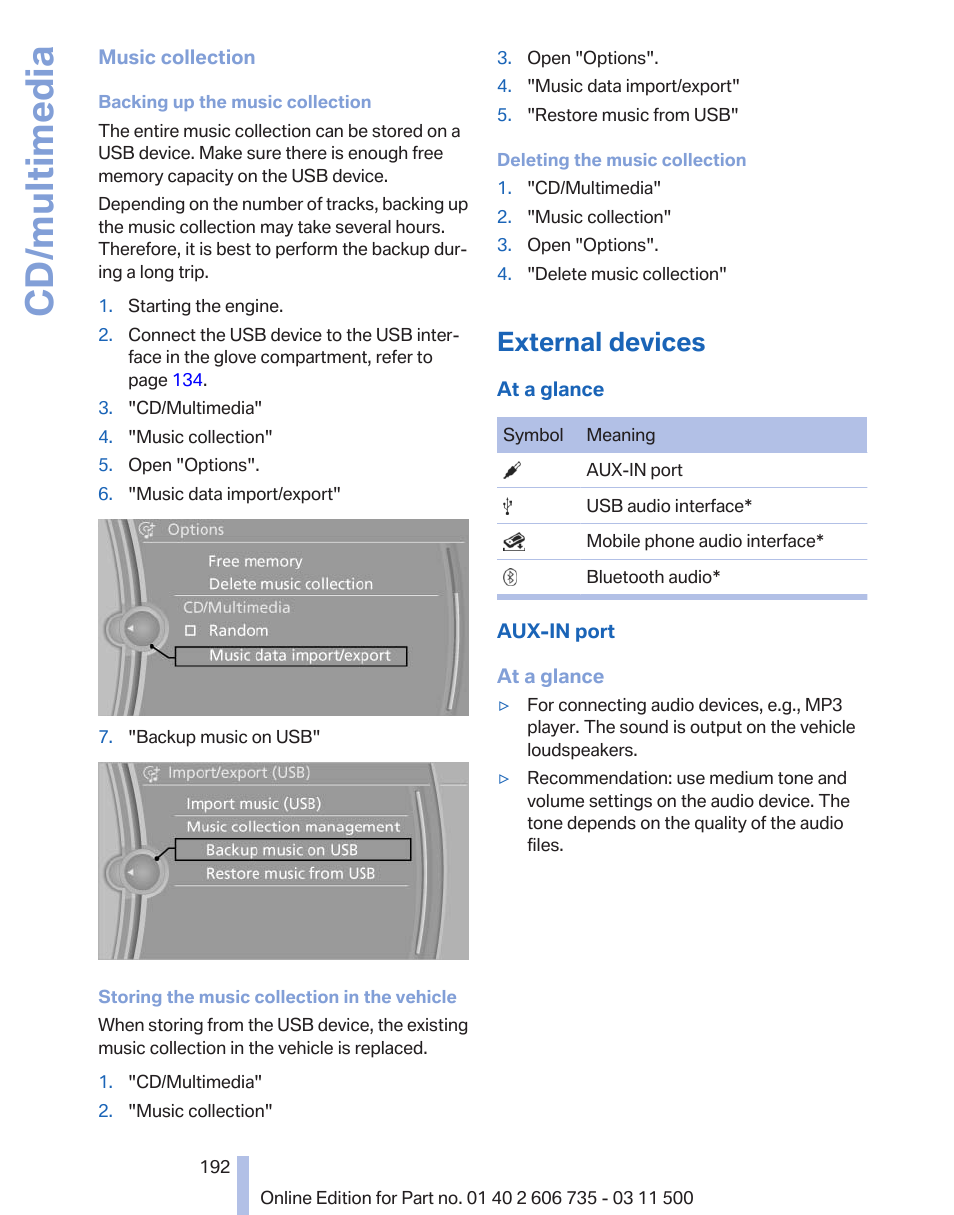 External devices, Cd/multimedia | BMW 2012 X6M User Manual | Page 192 / 317