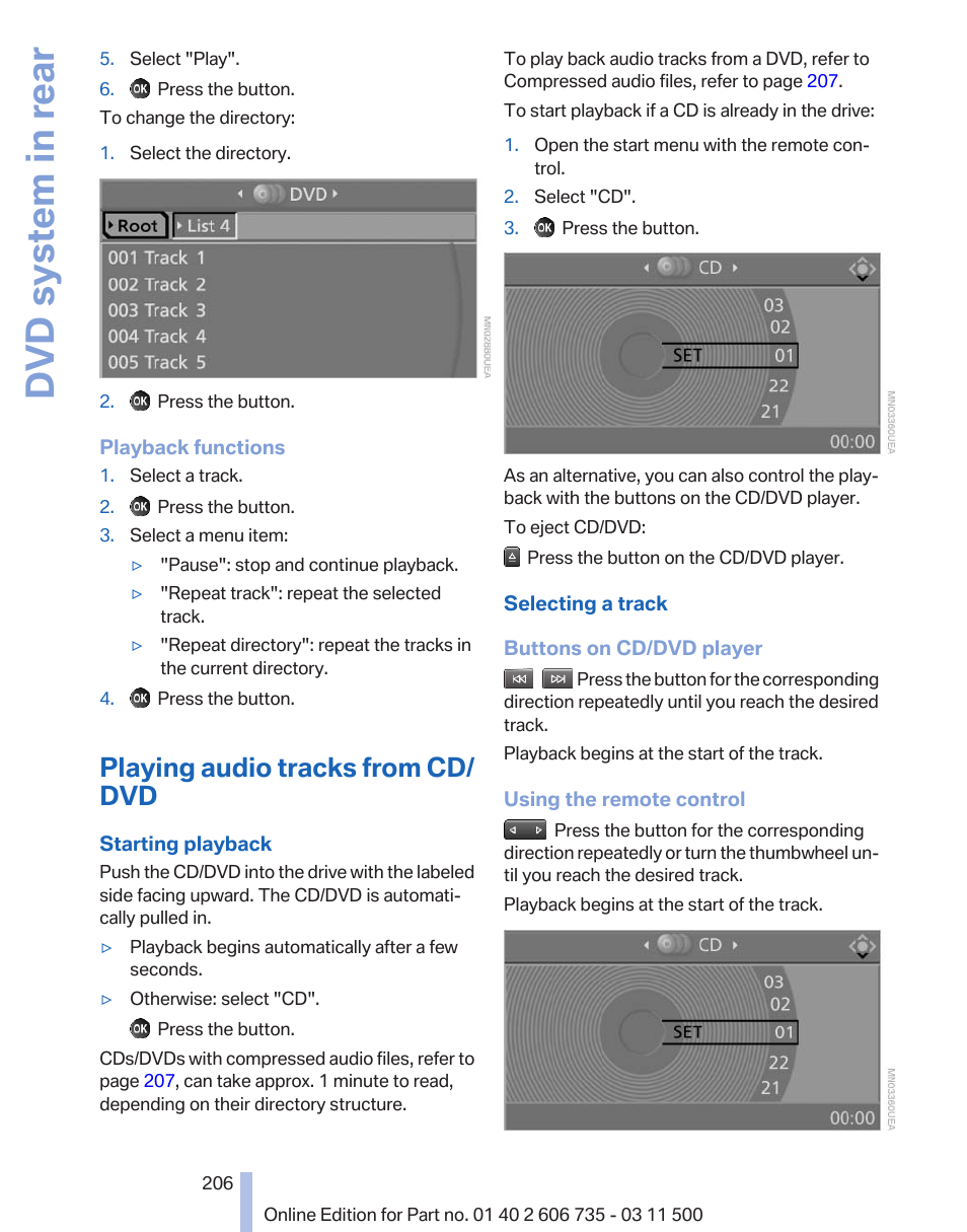 Playing audio tracks from cd/dvd, Dvd system in rear, Playing audio tracks from cd/ dvd | BMW 2012 X6M User Manual | Page 206 / 317