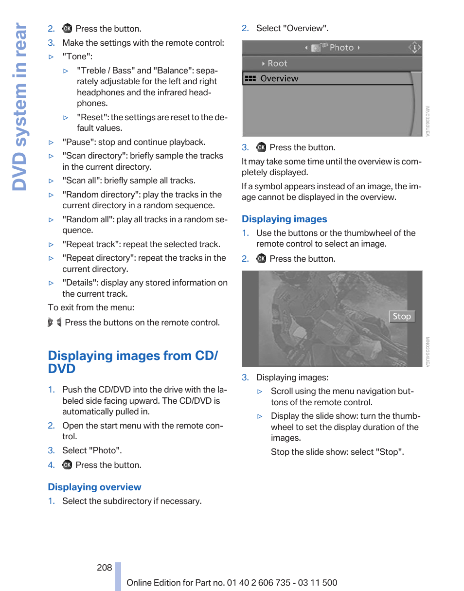 Displaying images from cd/dvd, Dvd system in rear, Displaying images from cd/ dvd | BMW 2012 X6M User Manual | Page 208 / 317